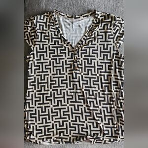 DNA Couture Black and Cream Graphic Cap Sleeve Blouse